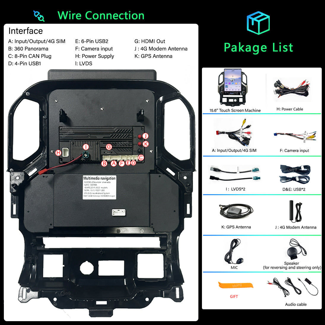 Idoing 15.6inch Android 13 Radio Head Unit For Chery Chevrolet Silverado GMC Sierra 2019-2023